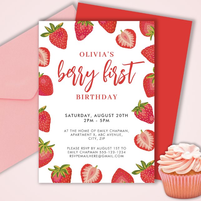 Invitation Filles Berry Première fête d'anniversaire de frais (Cute girls Berry First strawberry birthday party invitation.  Customize with your own event details.)