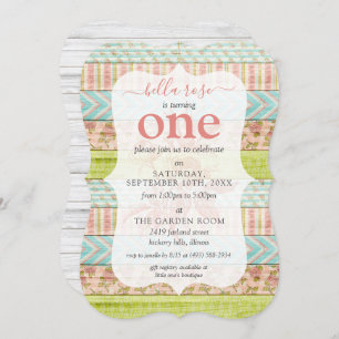 Invitation Fille's Birthday Shabby Rose Cottage Bois rustique