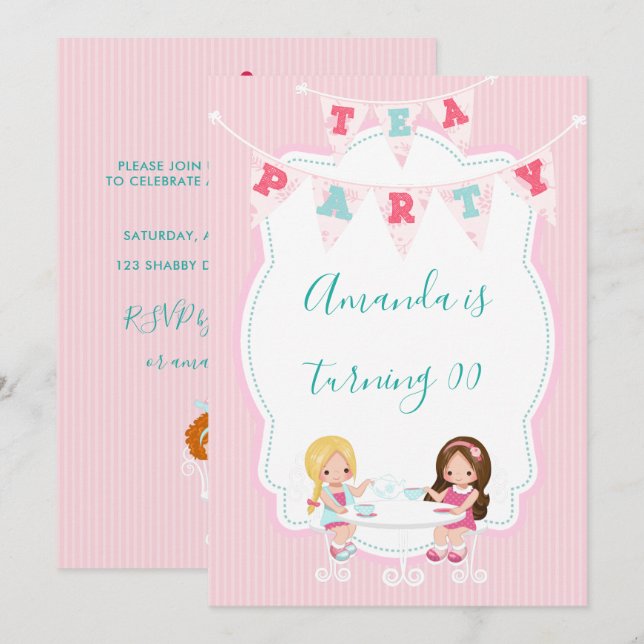 Invitation Fille's Birthday Tea Party Shabby-Chic Personnalis (Devant / Derrière)