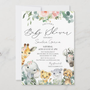 Invitation Filles Blush Floral Foliage Baby shower Safari