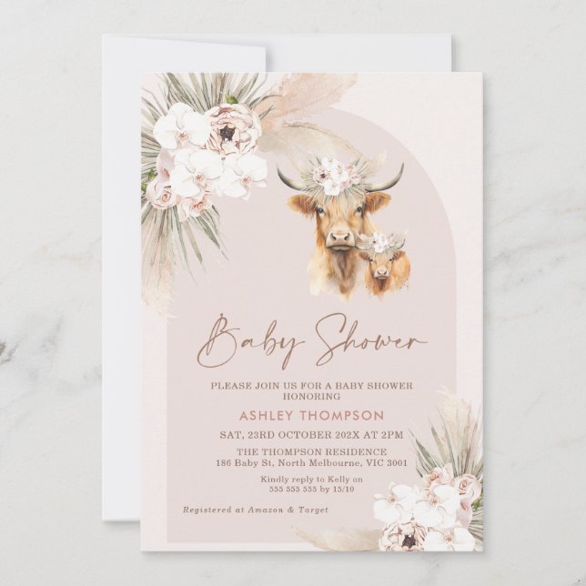 Invitation Filles Boho Arc Floral Highland Baby shower de vac (Devant)