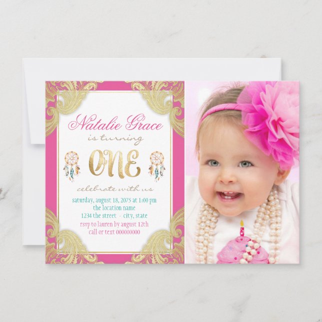 Invitation Filles Boho premier anniversaire (Devant)