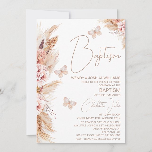 Invitation Filles Boho rose papillons floraux Baptême (Devant)
