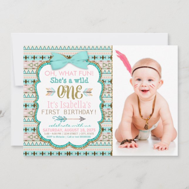 Invitation Filles Boho Tribal Wild One Fête d'anniversaire po (Devant)