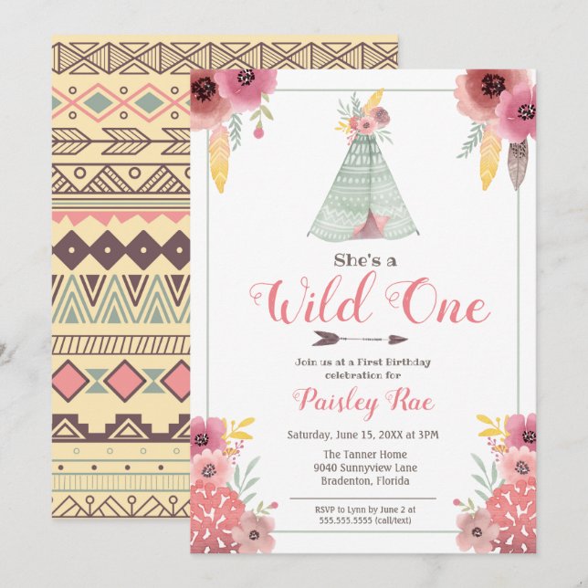 Invitation Filles Boho Wild One Premier anniversaire (Devant / Derrière)