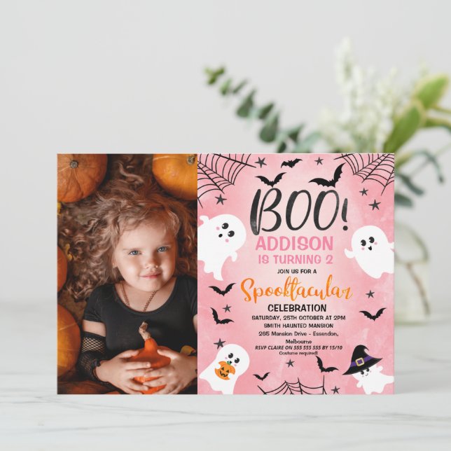 Invitation Filles Boo Rose Halloween Photo Fête Anniversaire (Debout devant)