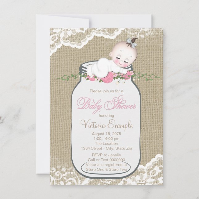 Invitation Filles Burlap Mason Jar Baby shower (Devant)