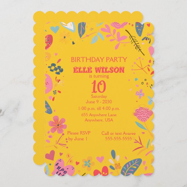 Invitation Filles Cadre floral 10e anniversaire de fête Invit (Devant / Derrière)