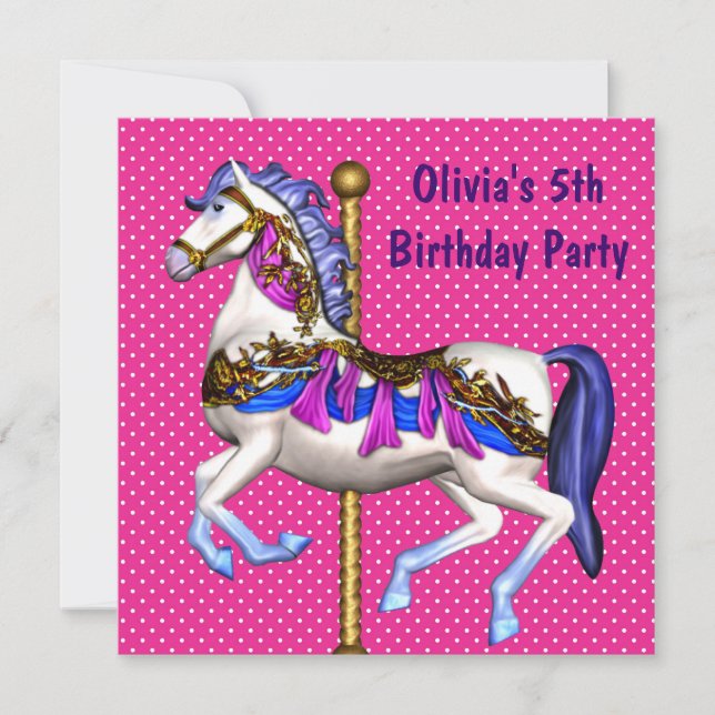 Invitation Filles carrousel rose 5ème anniversaire (Devant)