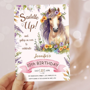 Invitation Filles Cheval 10e anniversaire Purple Floral Saddl