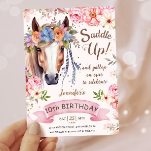 Invitation Filles Cheval 10e Anniversaire Rose Floral Cowgirl