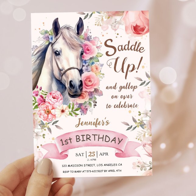 Invitation Filles Cheval 1er Anniversaire Fleurs Fleurs En Fl (Créateur téléchargé)
