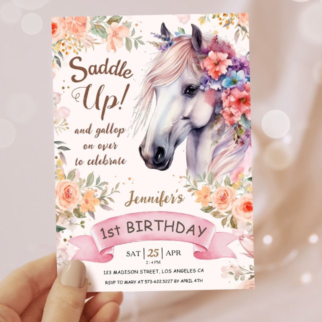 Invitation Filles Cheval 1er Anniversaire Fleurs Roses Saddup (Créateur téléchargé)