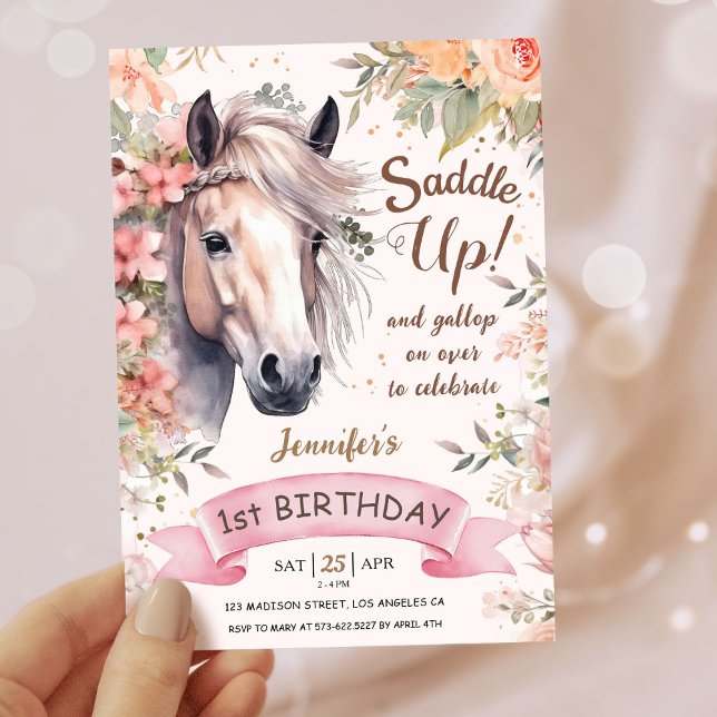 Invitation Filles Cheval 1er Anniversaire Floral Sauvage Sadd (Créateur téléchargé)
