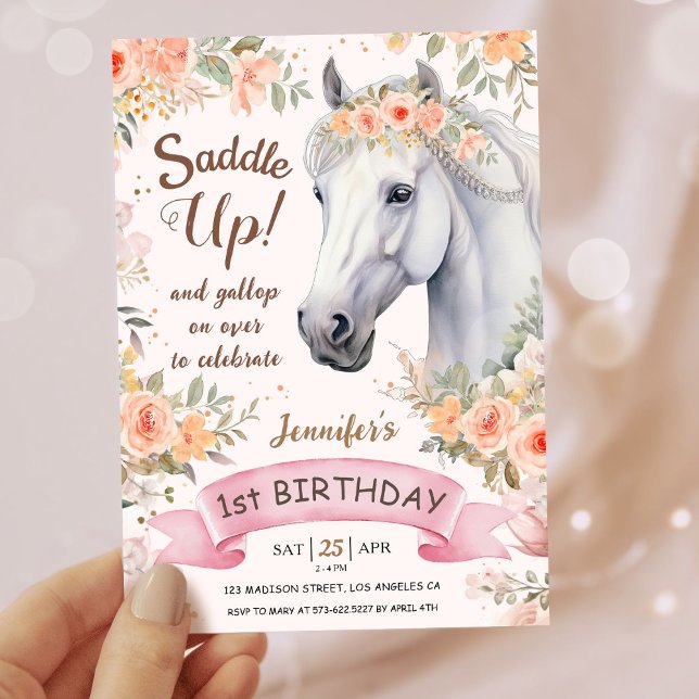 Invitation Filles Cheval 1er anniversaire Pink Floral Saddup (Créateur téléchargé)
