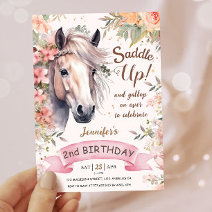 Invitation Filles Cheval 2e Anniversaire Floral Sauvage Saddl