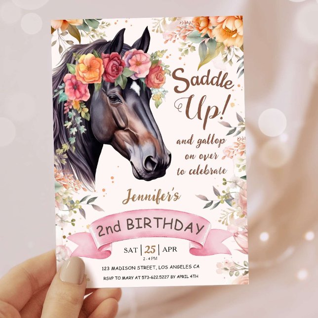 Invitation Filles Cheval 2e anniversaire Pink Cowgirl Saddup (Créateur téléchargé)