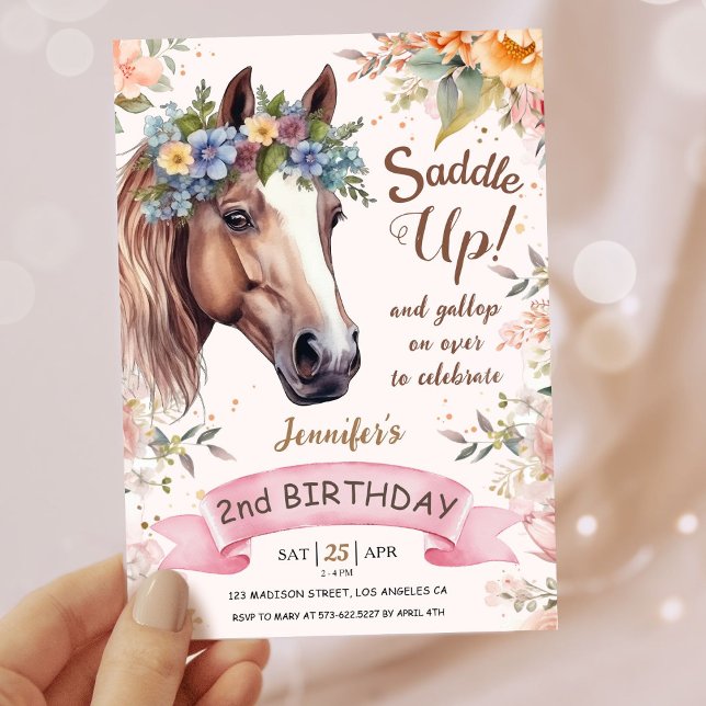 Invitation Filles Cheval 2e anniversaire Pink Floral Saddup (Créateur téléchargé)