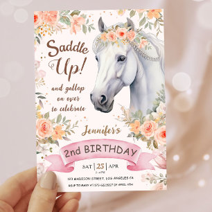 Invitation Filles Cheval 2e Anniversaire Rose Floral Saddle U