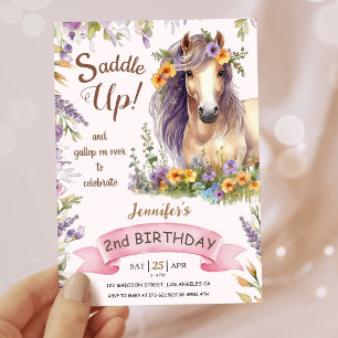 Invitation Filles Cheval 2e Anniversaire Violet Floral Saddle