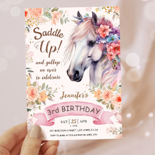 Invitation Filles Cheval 3e anniversaire Fleurs roses Saddup!
