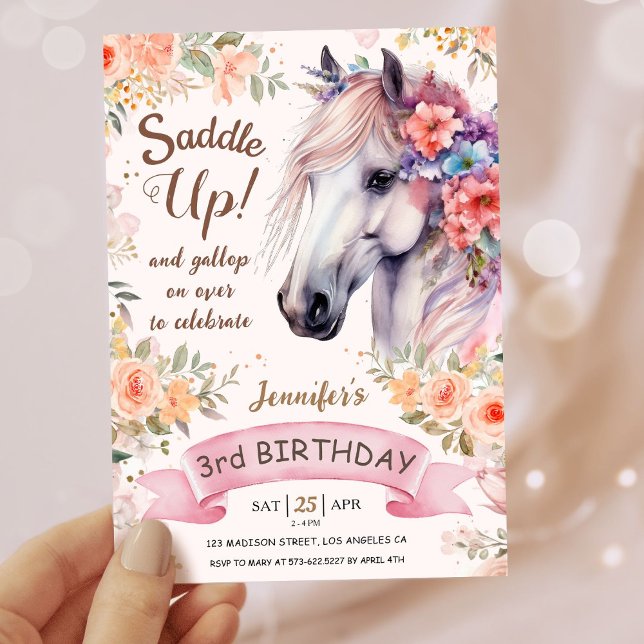 Invitation Filles Cheval 3e anniversaire Fleurs roses Saddup! (Créateur téléchargé)