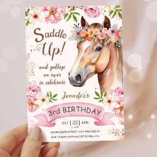 Invitation Filles Cheval 3e anniversaire Floral Saddle Up!