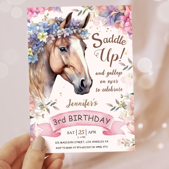 Invitation Filles Cheval 3e anniversaire Floral Saddle Up! (Créateur téléchargé)