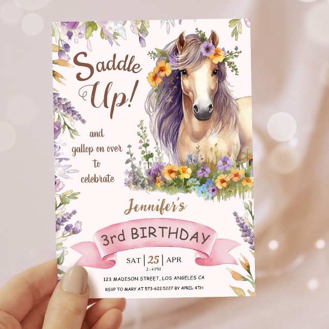 Invitation Filles Cheval 3e anniversaire Purple Floral Saddup (Créateur téléchargé)