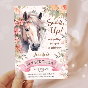 Invitation Filles Cheval 3ème Anniversaire Floral Sauvage Sad