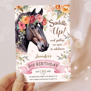 Invitation Filles Cheval 3ème Anniversaire Selle Rose Cowgirl