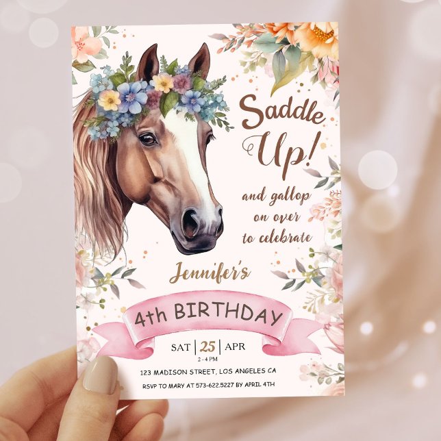 Invitation Filles Cheval 4e anniversaire Pink Floral Saddup (Créateur téléchargé)