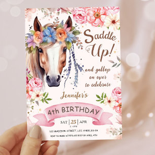 Invitation Filles Cheval 4e Anniversaire Rose Floral Cowgirl
