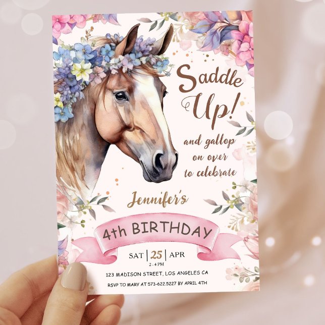 Invitation Filles Cheval 4e anniversaire Saddle Floral Up! (Créateur téléchargé)