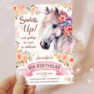 Invitation Filles Cheval 4ème Anniversaire Fleurs Roses Enfou