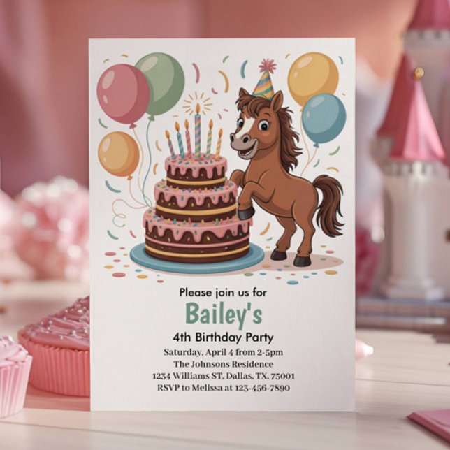 Invitation Filles Cheval 4ème Fête d'Anniversaire (Créateur téléchargé)