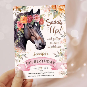 Invitation Filles Cheval 5ème Anniversaire Rose Cowgirl Saddl