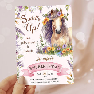 Invitation Filles Cheval 5ème Anniversaire Violet Floral Sadd