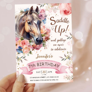 Invitation Filles Cheval 7e anniversaire Cowgirl Saddle Up!