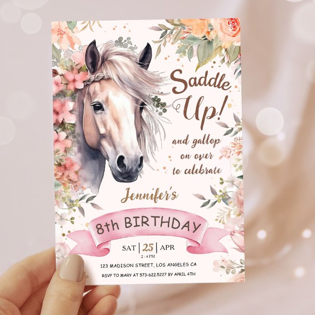 Invitation Filles Cheval 8e anniversaire Floral Selle up (Créateur téléchargé)