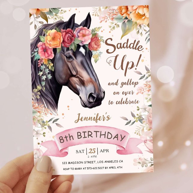 Invitation Filles Cheval 8e anniversaire Pink Cowgirl Saddup (Créateur téléchargé)