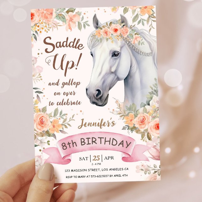 Invitation Filles Cheval 8e anniversaire Pink Floral Saddup (Créateur téléchargé)