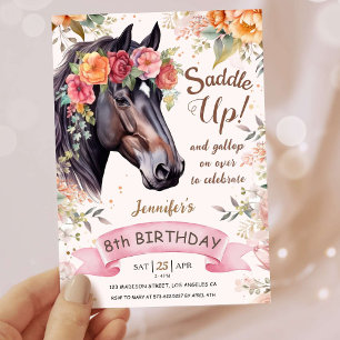 Invitation Filles Cheval 8e Anniversaire Rose Cowgirl Saddle