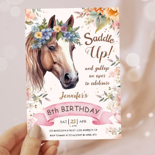 Invitation Filles Cheval 8ème Anniversaire Rose Floral Saddle