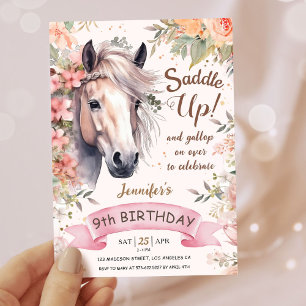 Invitation Filles Cheval 9e anniversaire Floral Selle Up