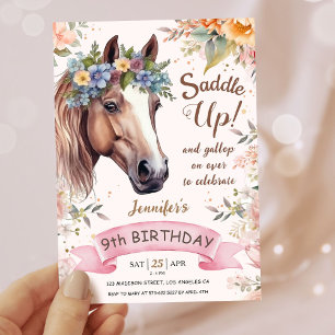 Invitation Filles Cheval 9e anniversaire Pink Floral Saddup