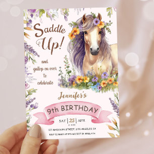 Invitation Filles Cheval 9e Anniversaire Violet Floral Saddle