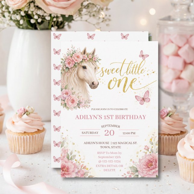 Invitation Filles Cheval Floral Rose 1er Anniversaire (Créateur téléchargé)