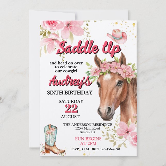Invitation Filles chevauchant l'anniversaire Western (Devant)