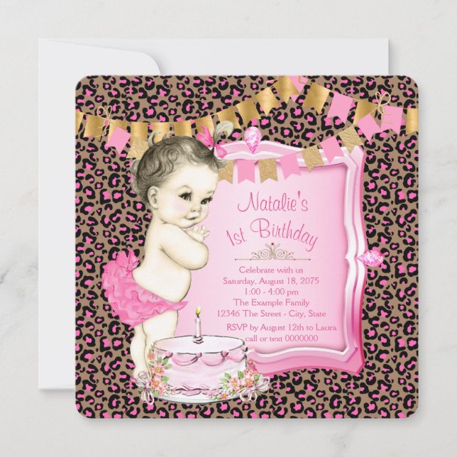 Invitation Filles Chic Rose Léopard 1er Anniversaire (Devant)